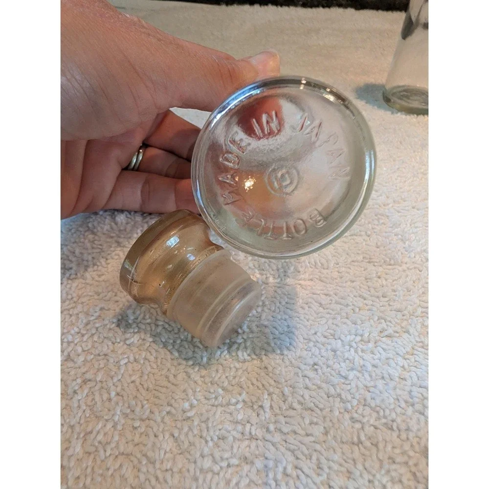 6 Vintage Clear Glass Apothecary Spice Jars/Bottles w/Stoppers Wagner Japan